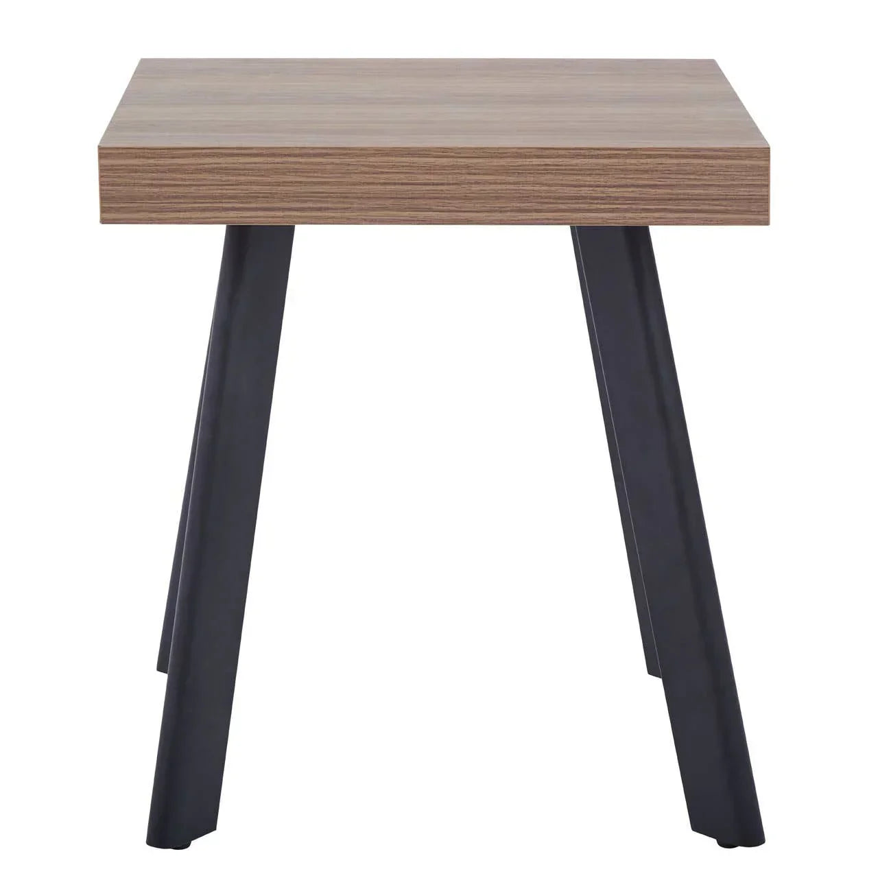 Square wooden side table with black metal legs, front view