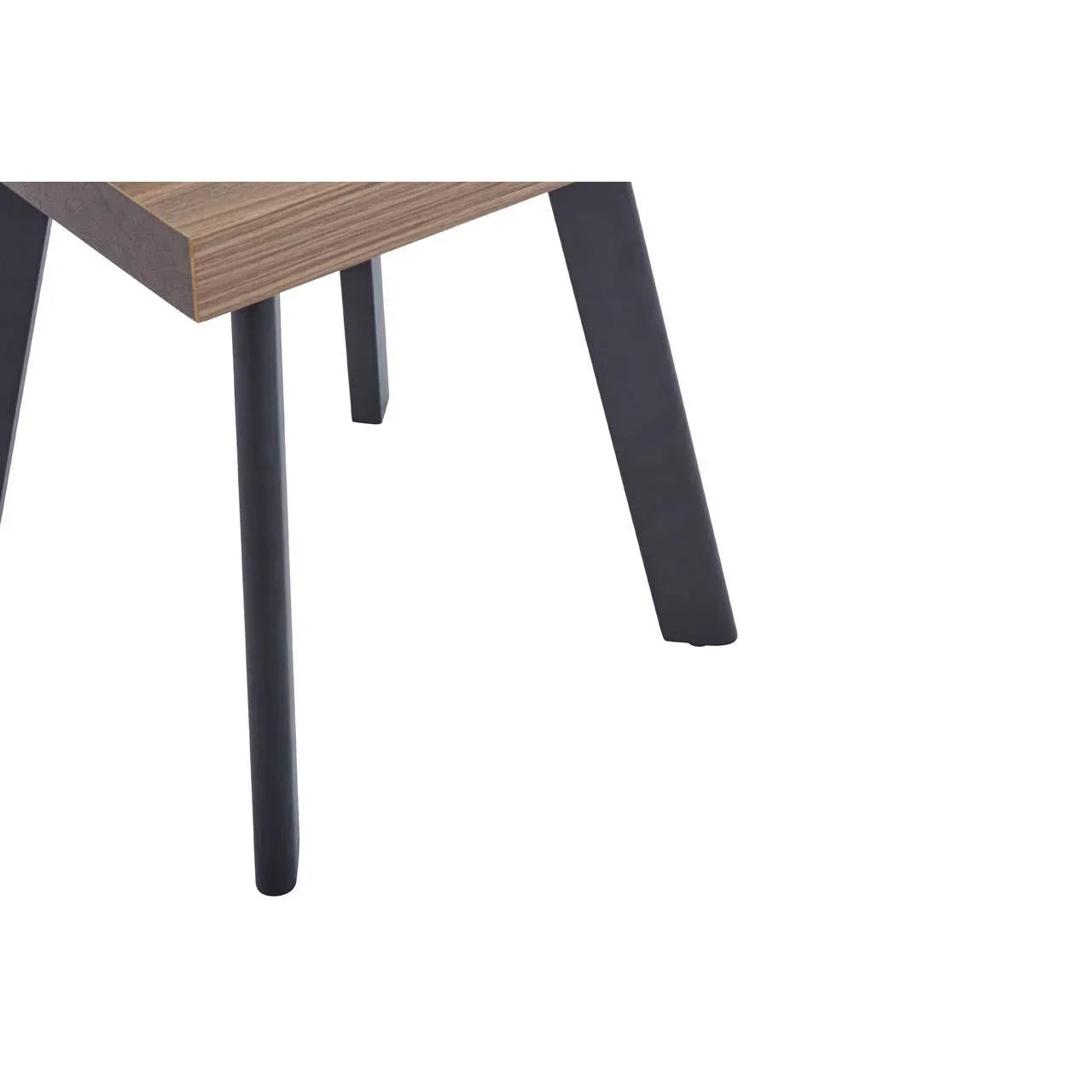 Close-up of table legs with black metal frame and wood finish top