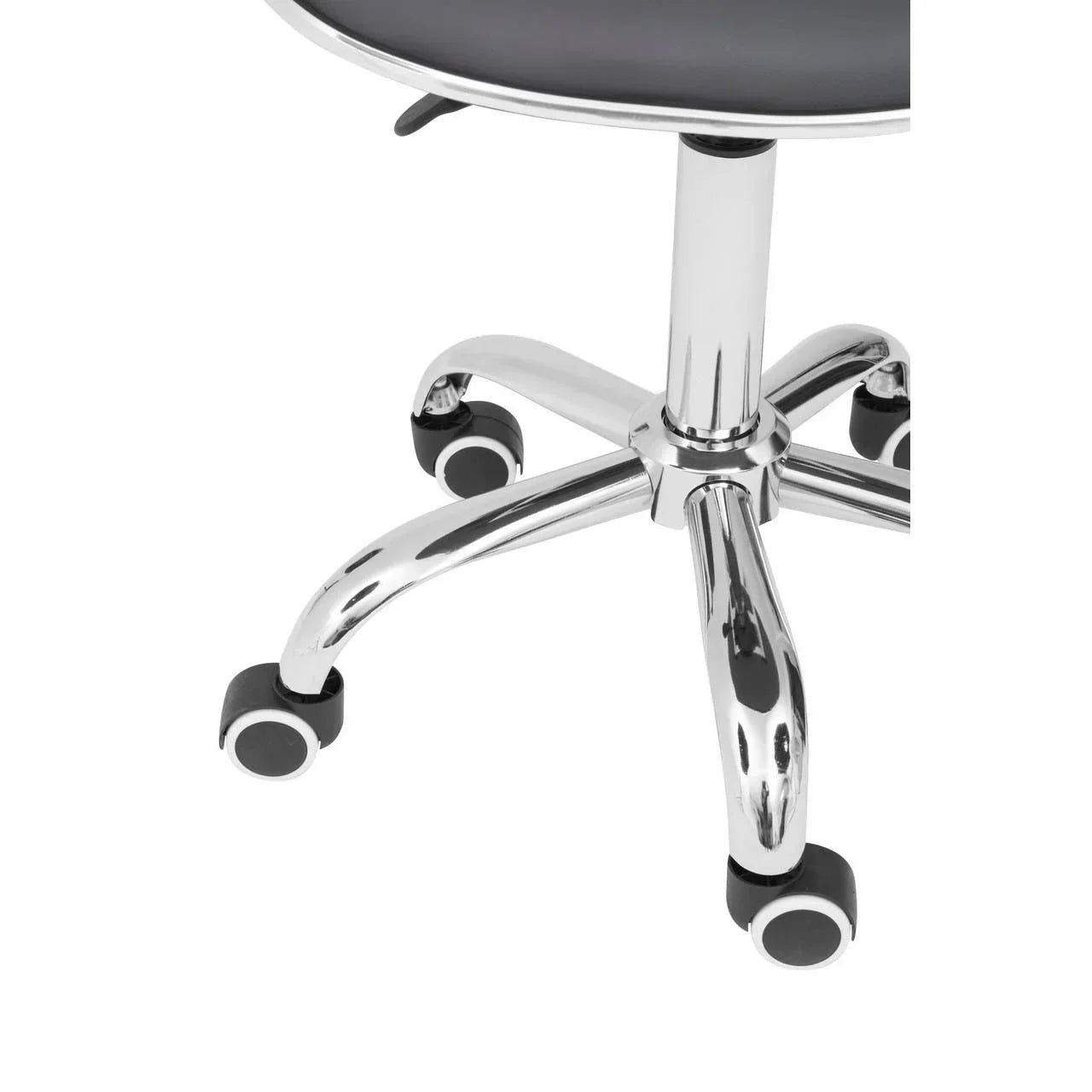 Chrome base and black seat of office chair with swivel casters
