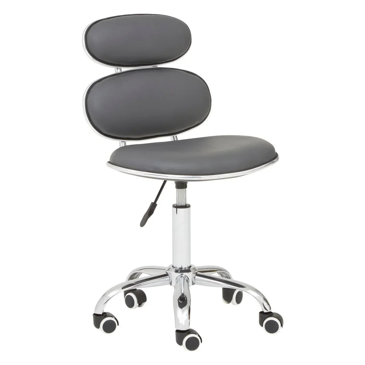 Grey office chair with chrome base, dual backrest and seat, five caster wheels