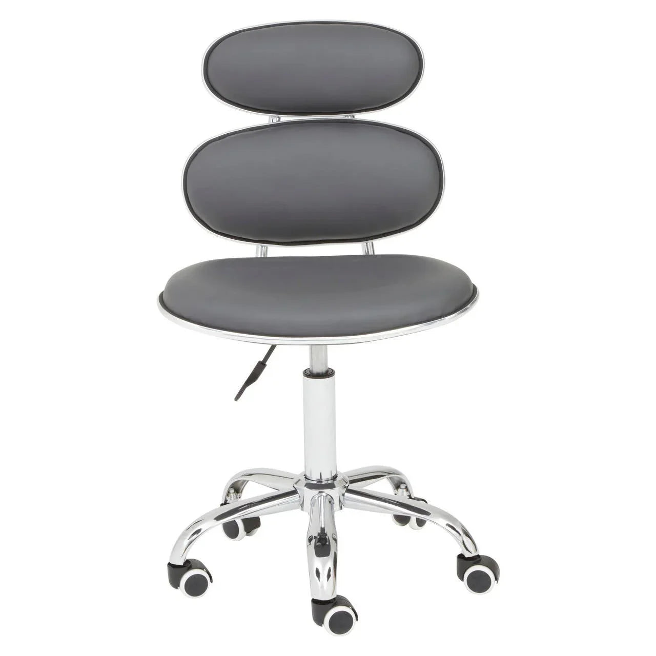 Grey office chair with chrome base and adjustable seat on castor wheels
