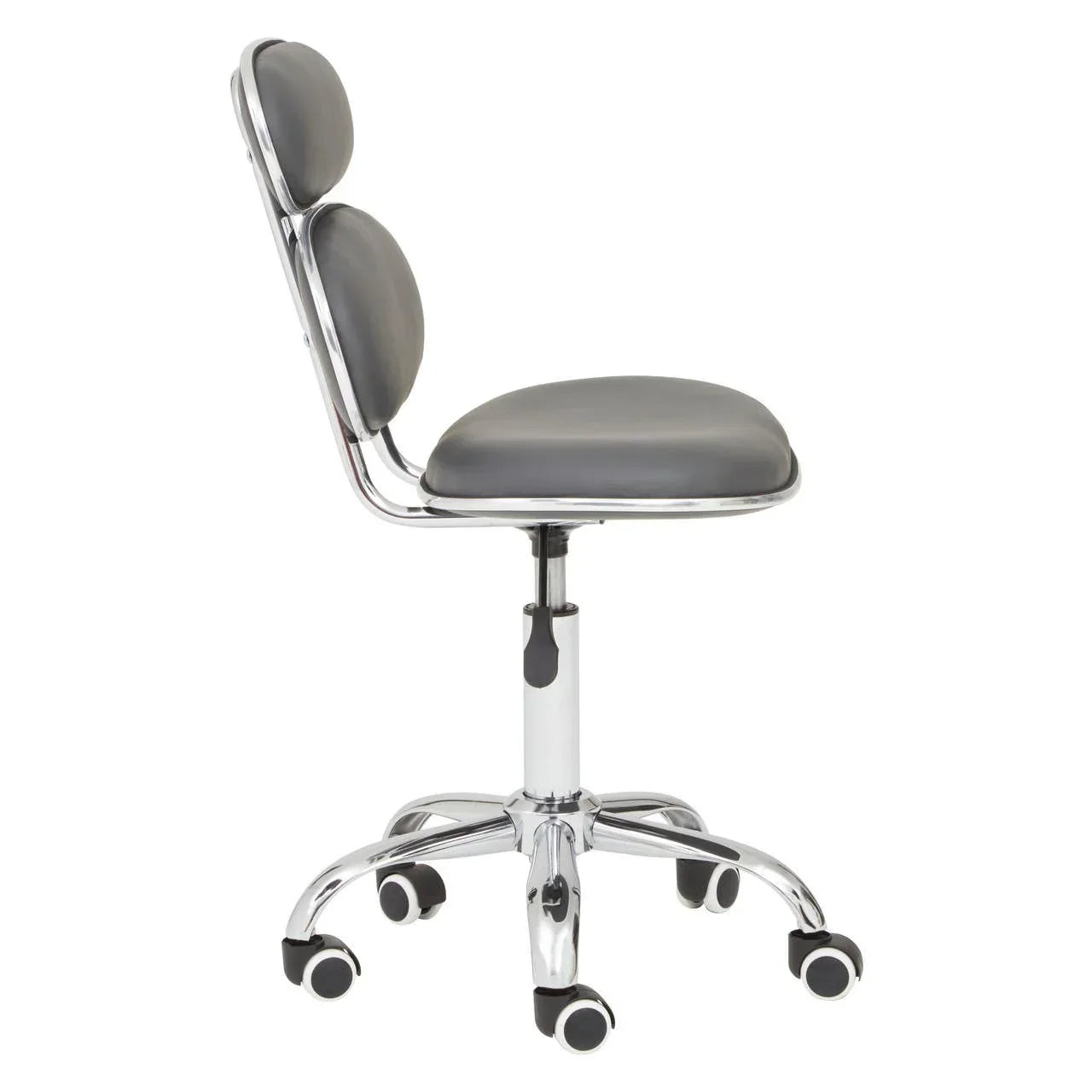 Grey office chair with cushioned backrest and chrome base on castor wheels, side view
