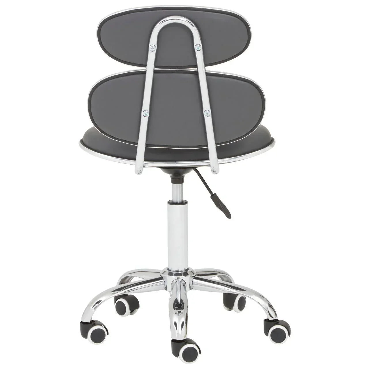 Ergonomic office chair with padded grey backrest and chrome base on castor wheels, rear view