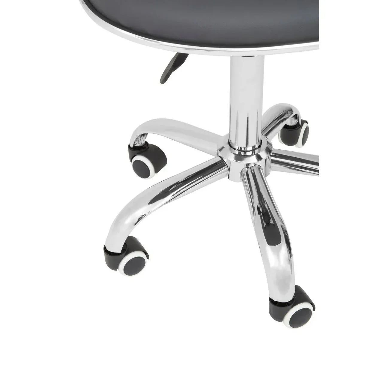 Chrome office chair base with five caster wheels and black seat edge detail