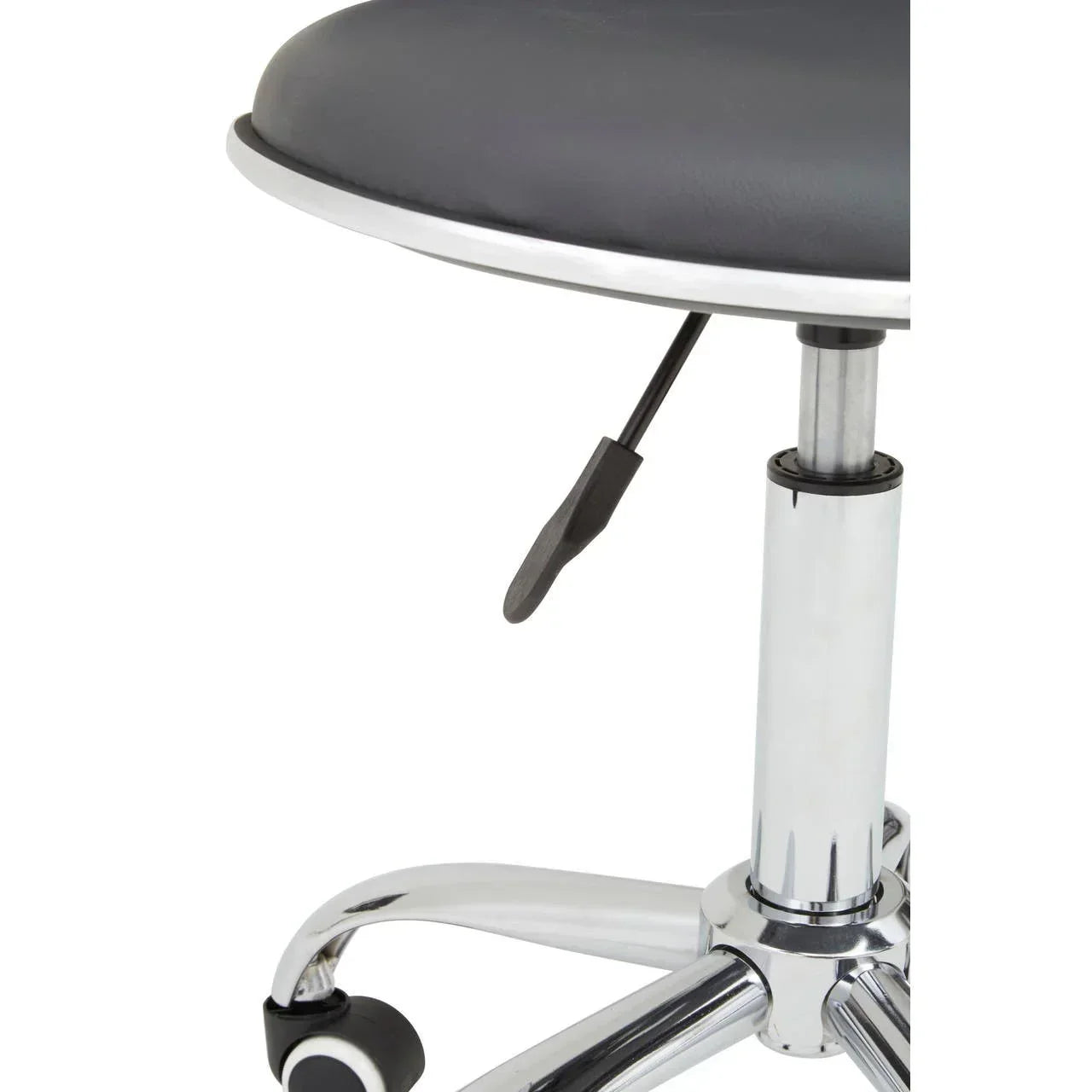 Black office chair seat with chrome gas lift base and castor wheels closeup