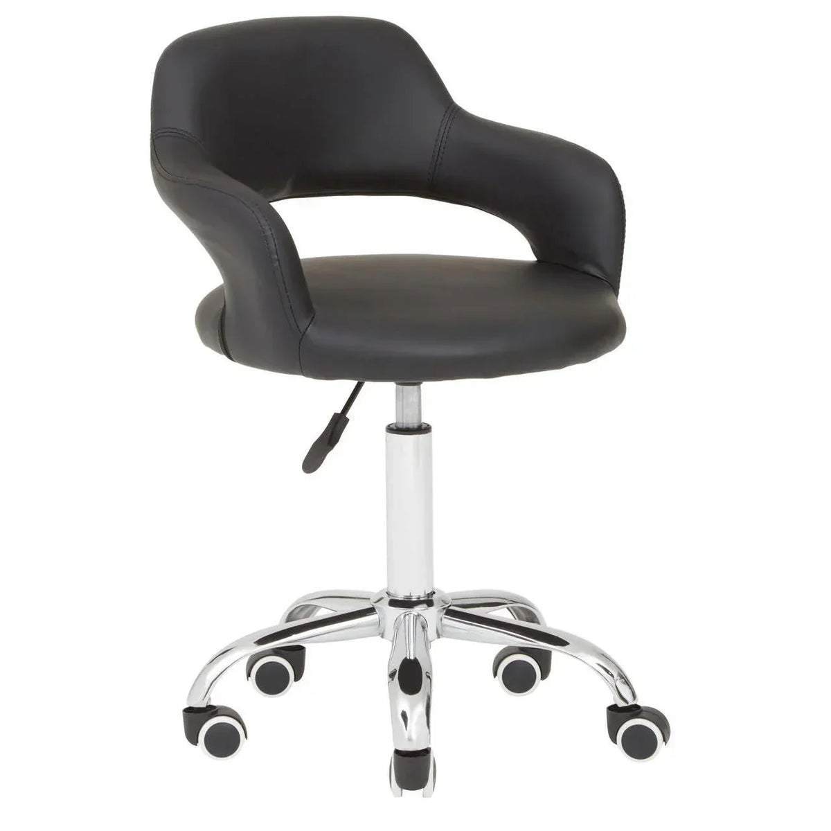 Black swivel office chair with chrome base and castor wheels, adjustable height lever