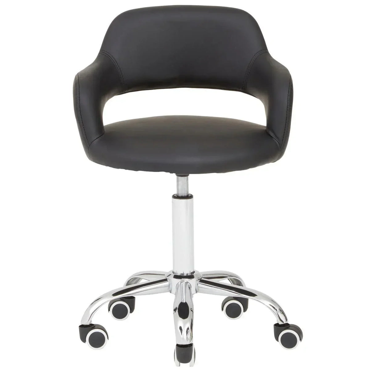 Black swivel office chair with chrome legs and caster wheels, front view