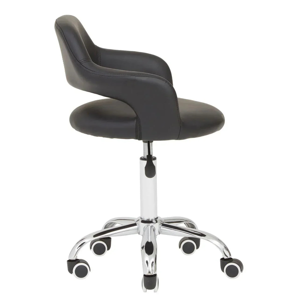 Black faux leather office chair with chrome base and casters, side view
