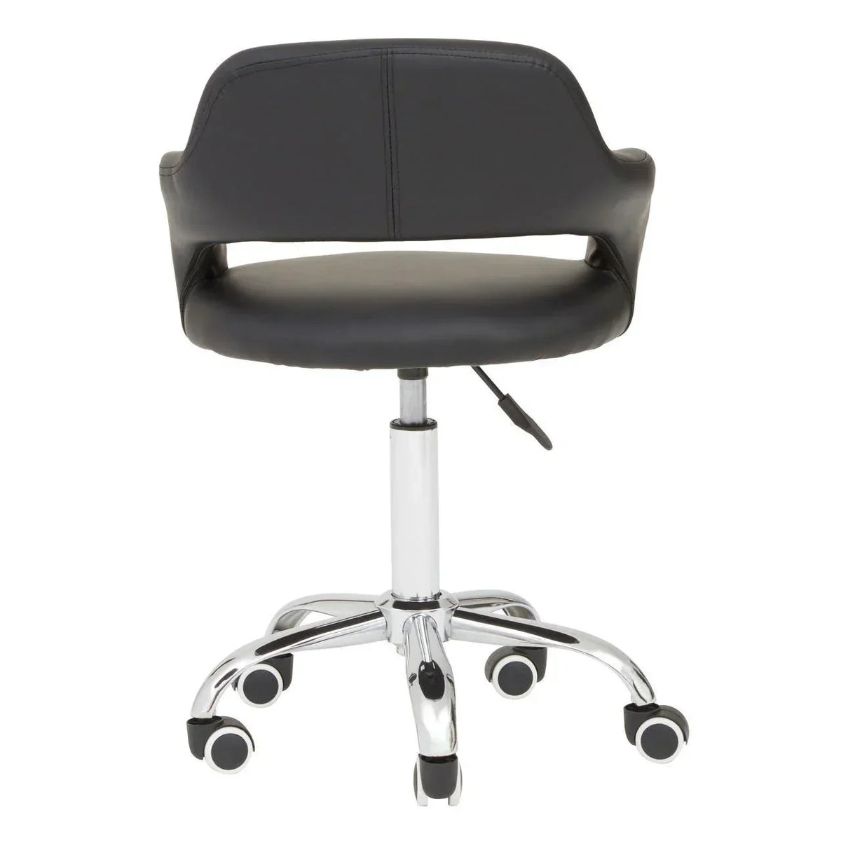 Black office chair with chrome base and casters, rear view showing adjustable height lever