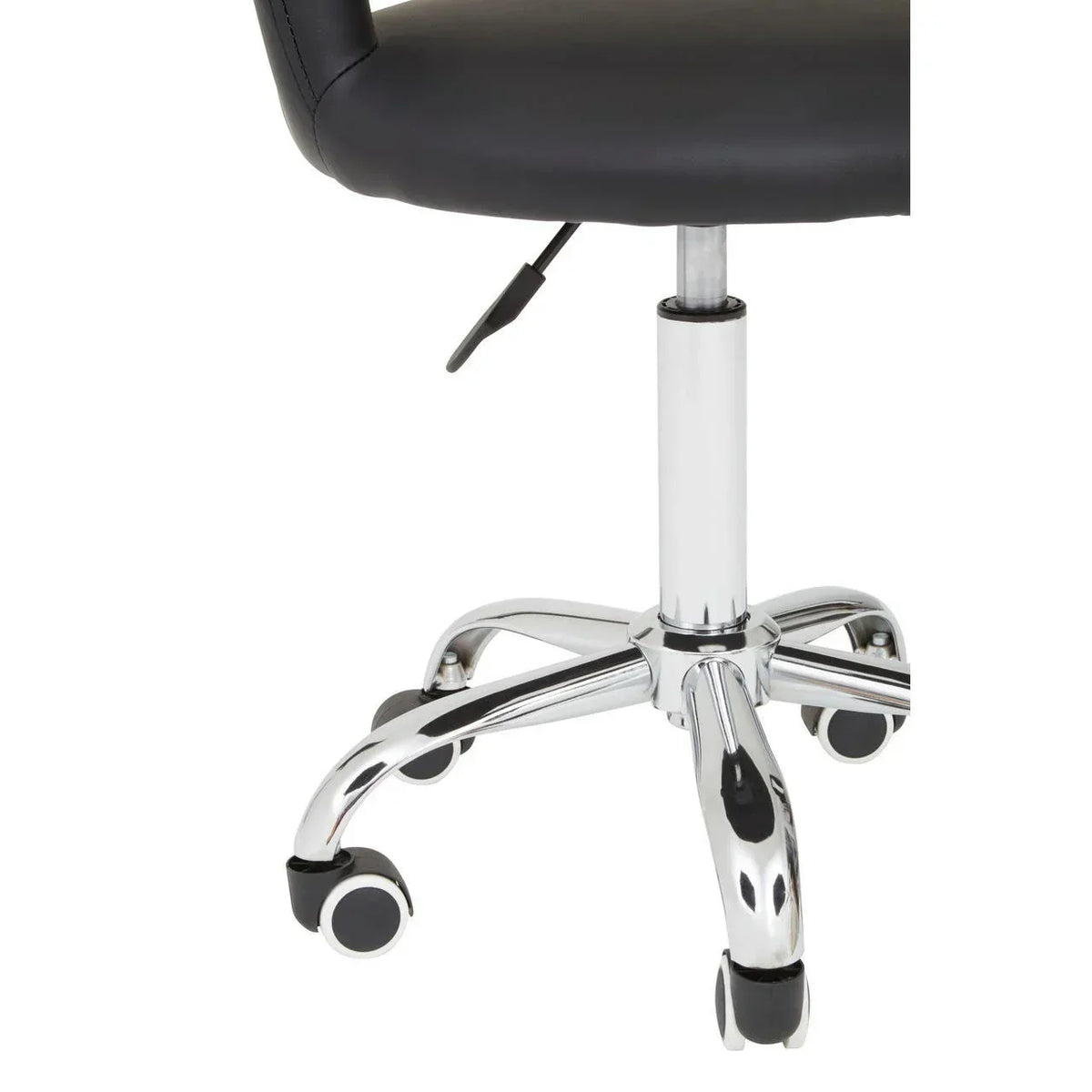 Black office chair with chrome adjustable base and caster wheels close-up