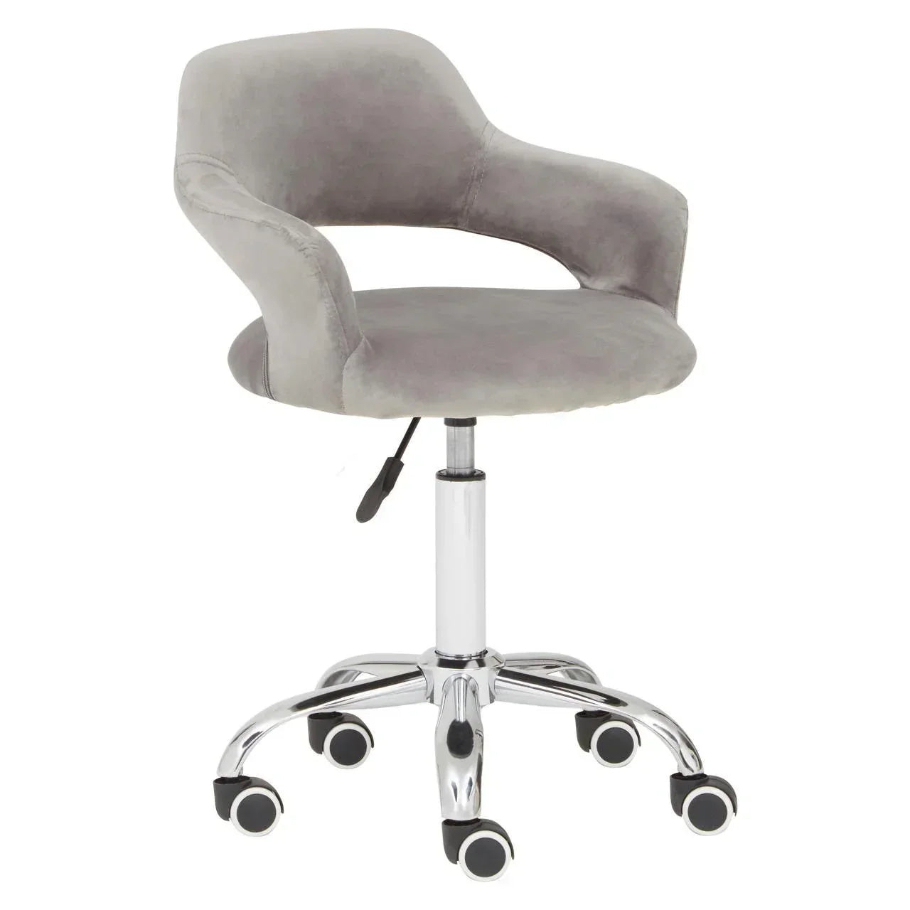 Grey velvet office chair with chrome base and armrests, swivel and caster wheels visible
