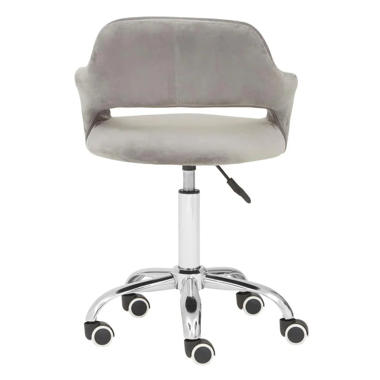 Grey velvet office chair with chrome base, adjustable height and five caster wheels, rear view
