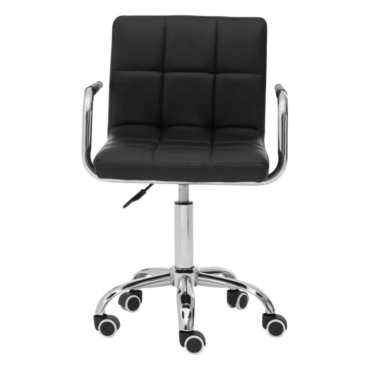 Black office chair with padded seat, chrome arms and five caster wheels on white background