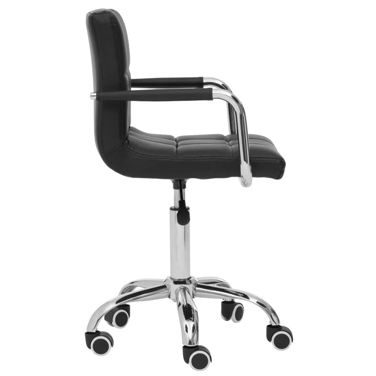 Black leather office chair with chrome armrests and wheeled base, side view