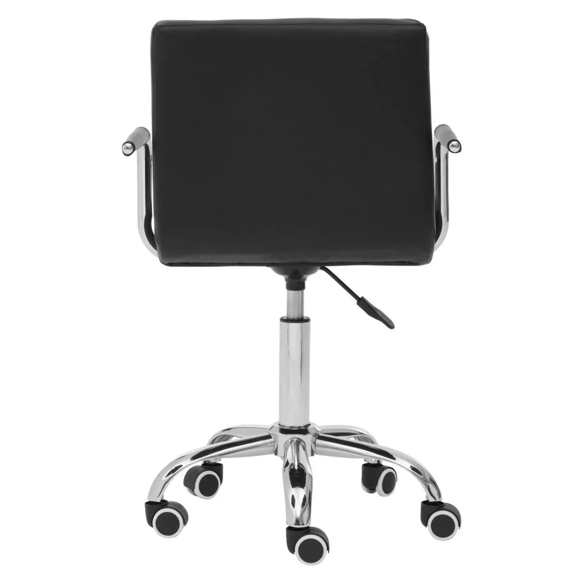Black office chair with chrome base, armrests and casters, rear view
