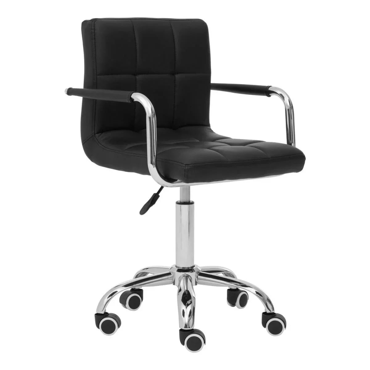 Black office chair with chrome legs, cushioned seat, armrests and five caster wheels