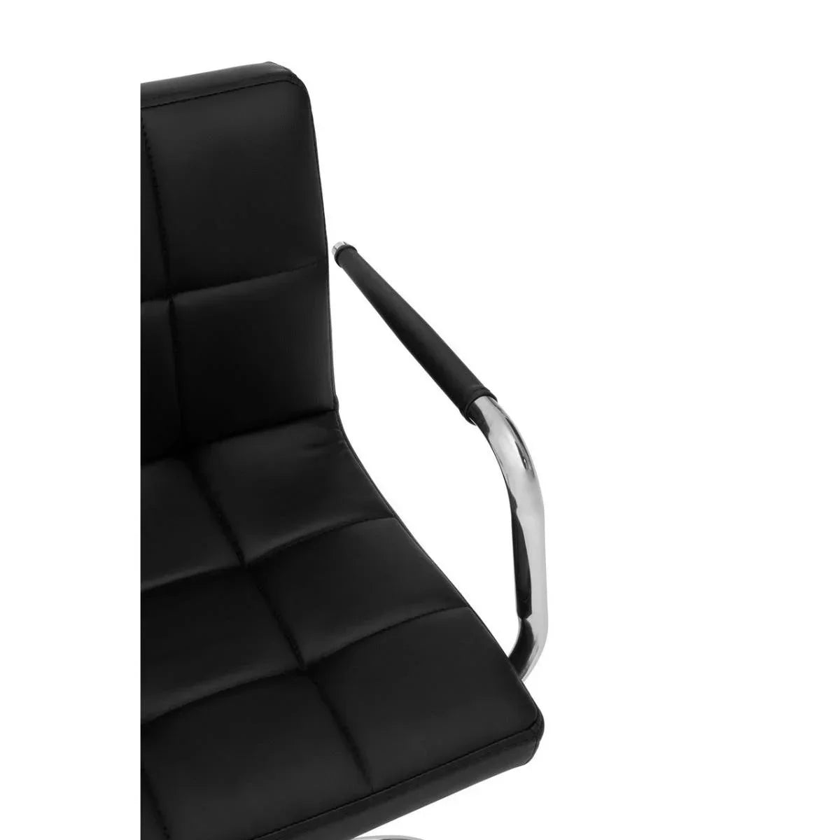 Black faux leather office chair with chrome armrest and stitched cushion detail