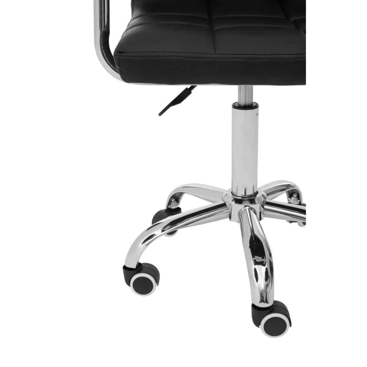 Black office chair with chrome base and castor wheels close-up