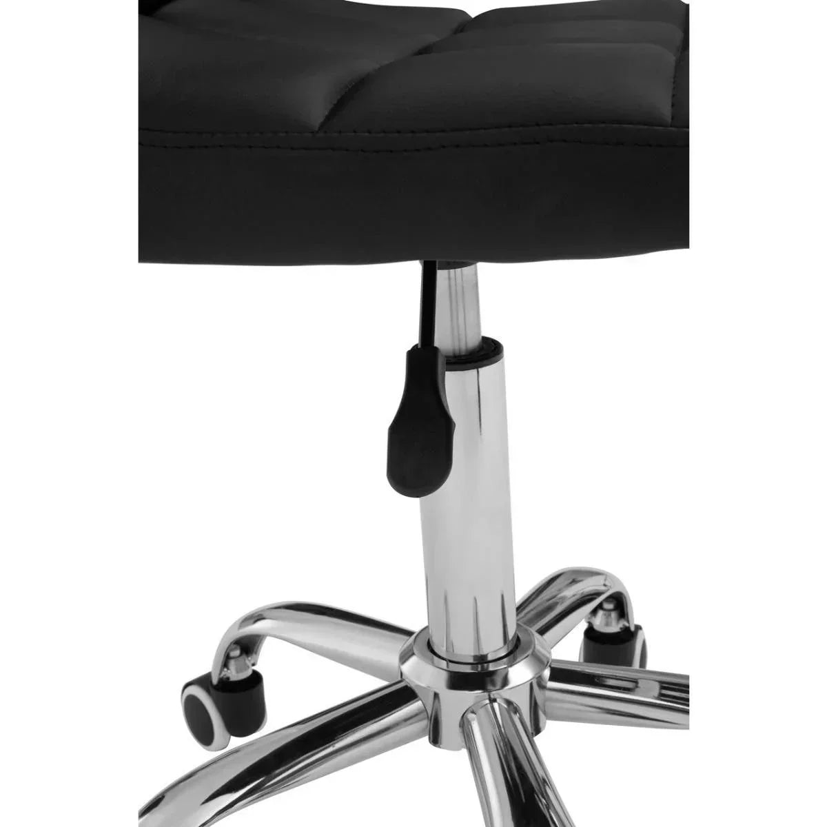 Black office chair with chrome swivel base and height adjustment lever close up