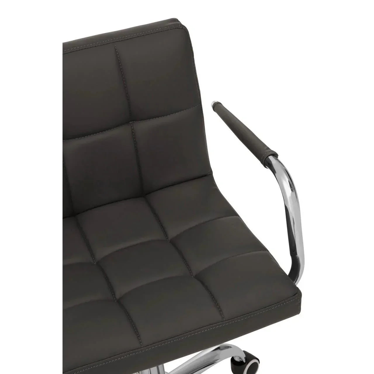 Black leather office chair with chrome armrest and stitched cushioned seat detail