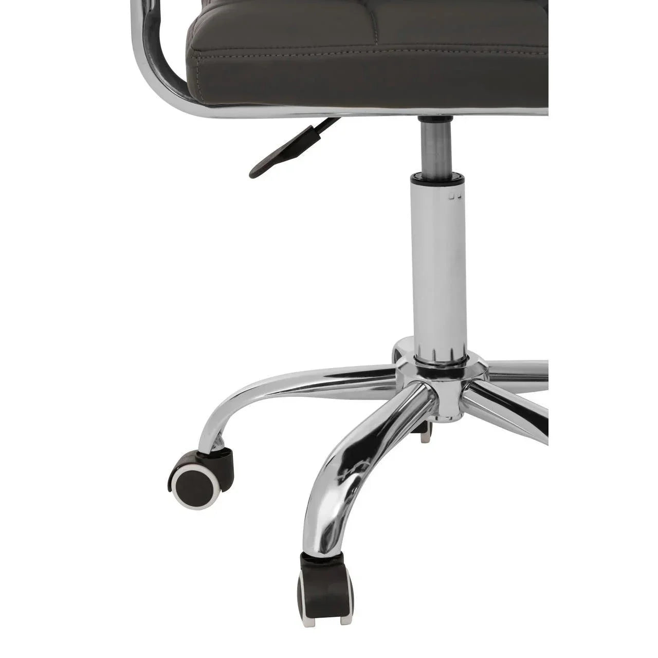 Office chair with chrome base, black faux leather seat and caster wheels close up