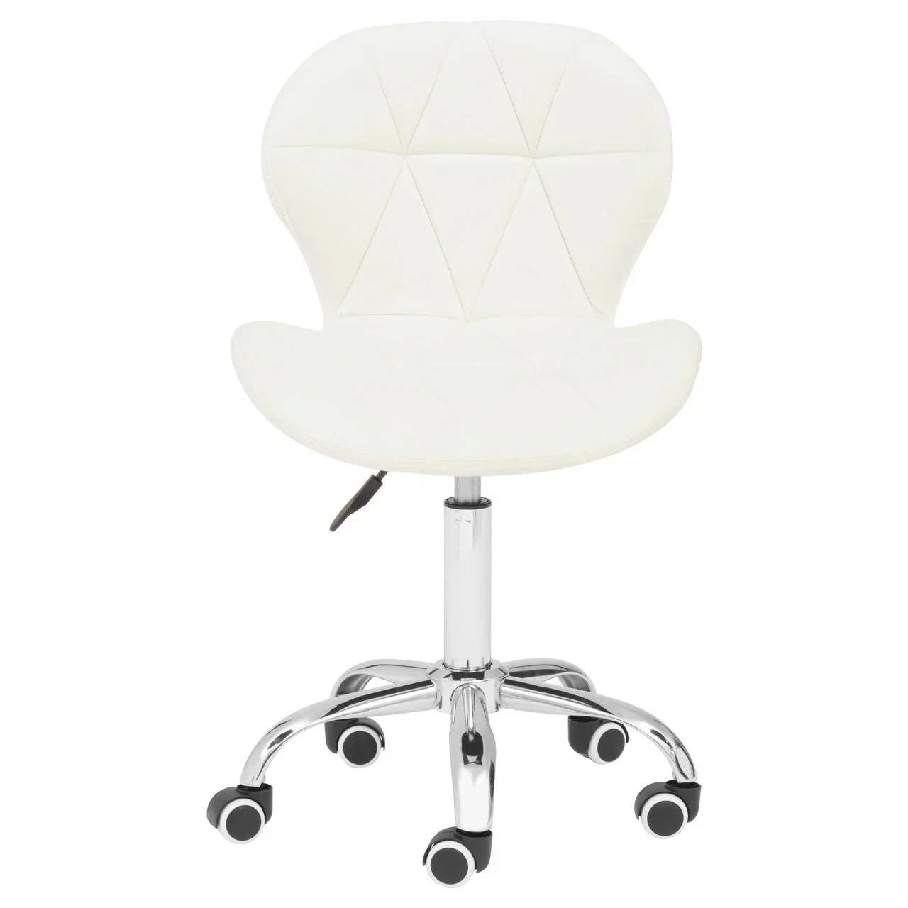 White office chair with cushioned seat, chrome base and castor wheels, front view