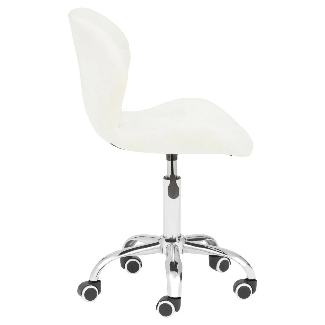 White office chair with chrome base and casters, side view