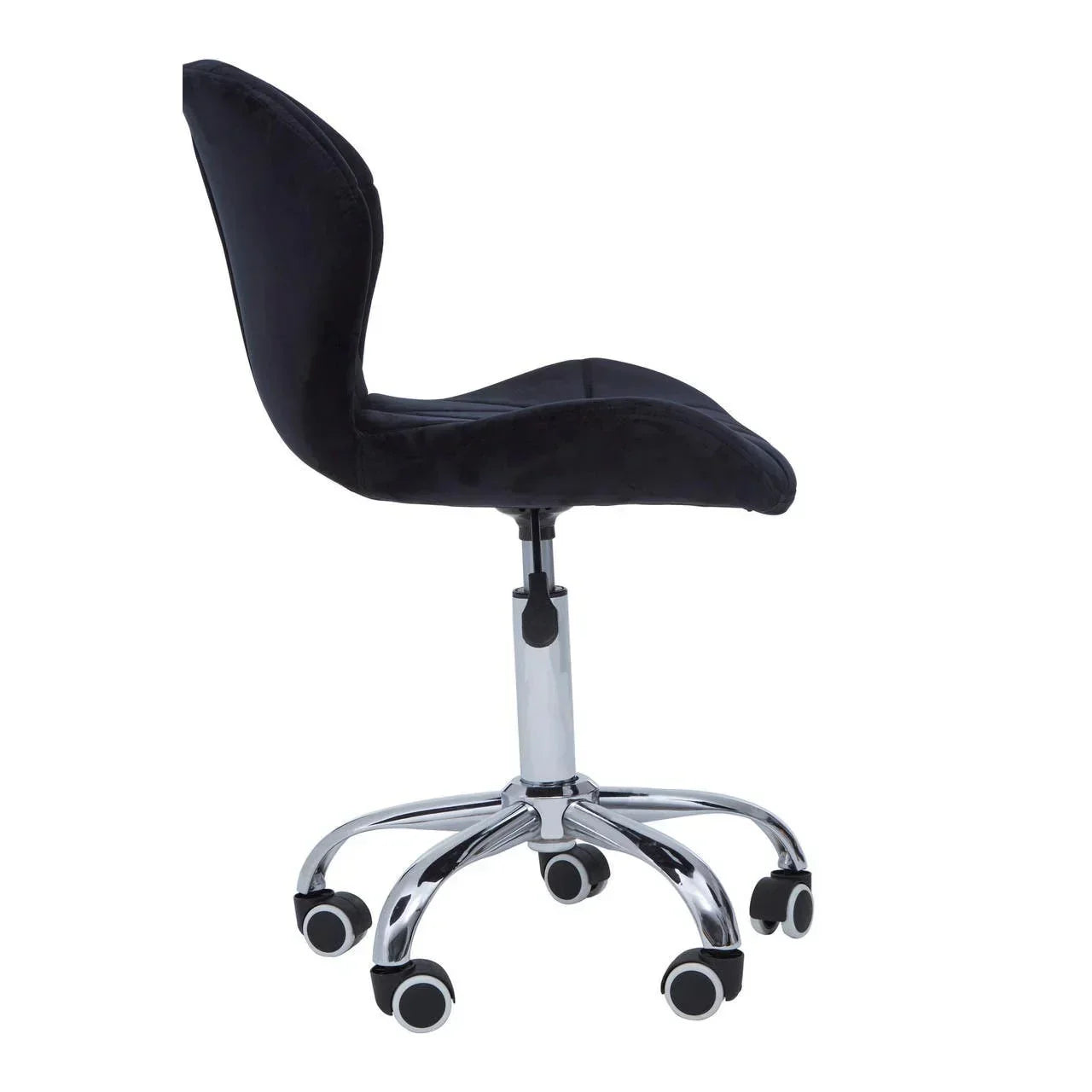 Black velvet office chair with chrome swivel base and five caster wheels, side profile