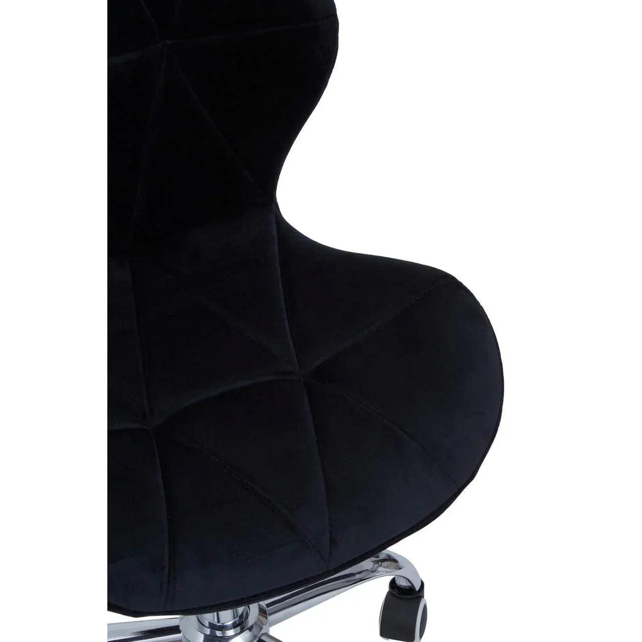 Black velvet office chair seat with chrome base and stitched geometric detail