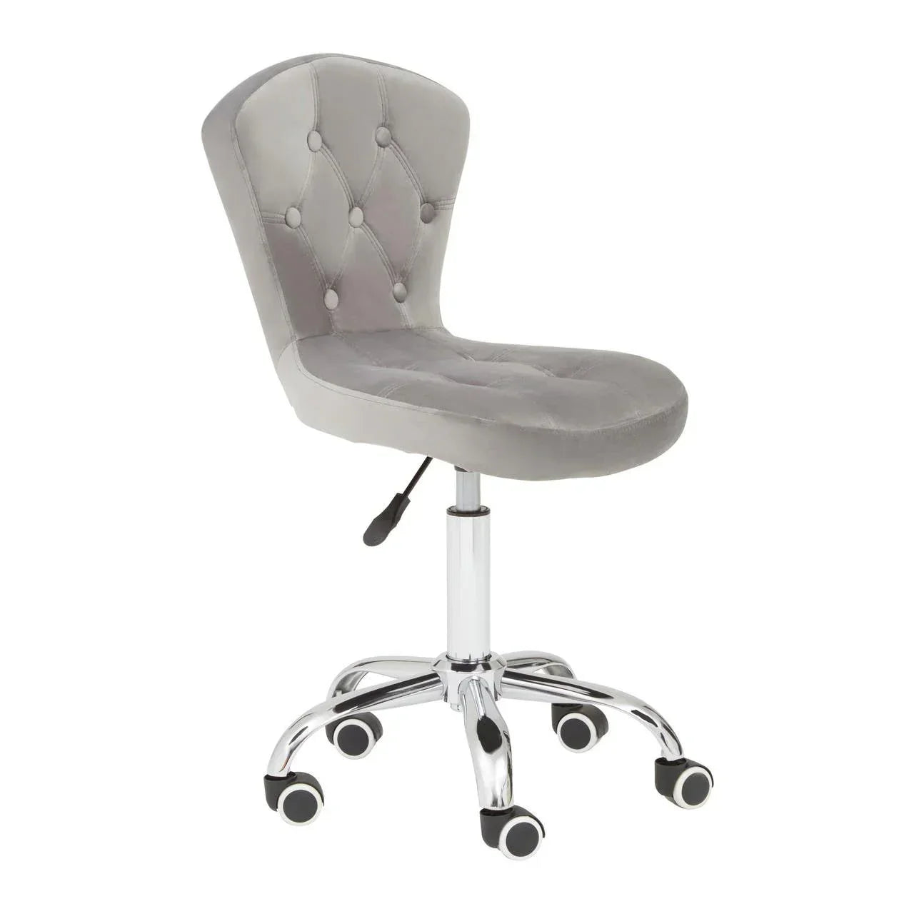 Grey velvet office chair with chrome base and casters, tufted backrest, adjustable height