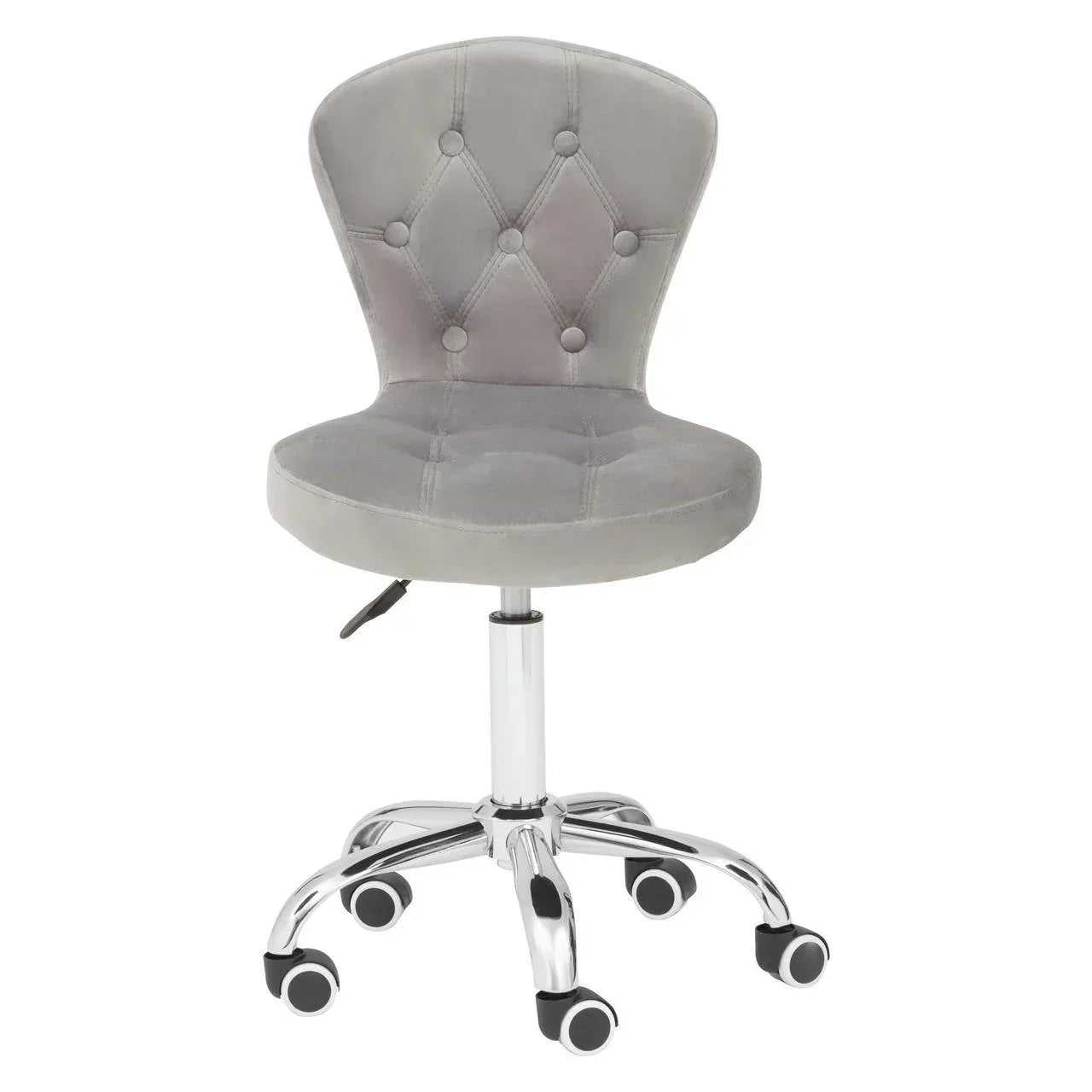 Grey office chair with chrome base, tufted backrest and caster wheels