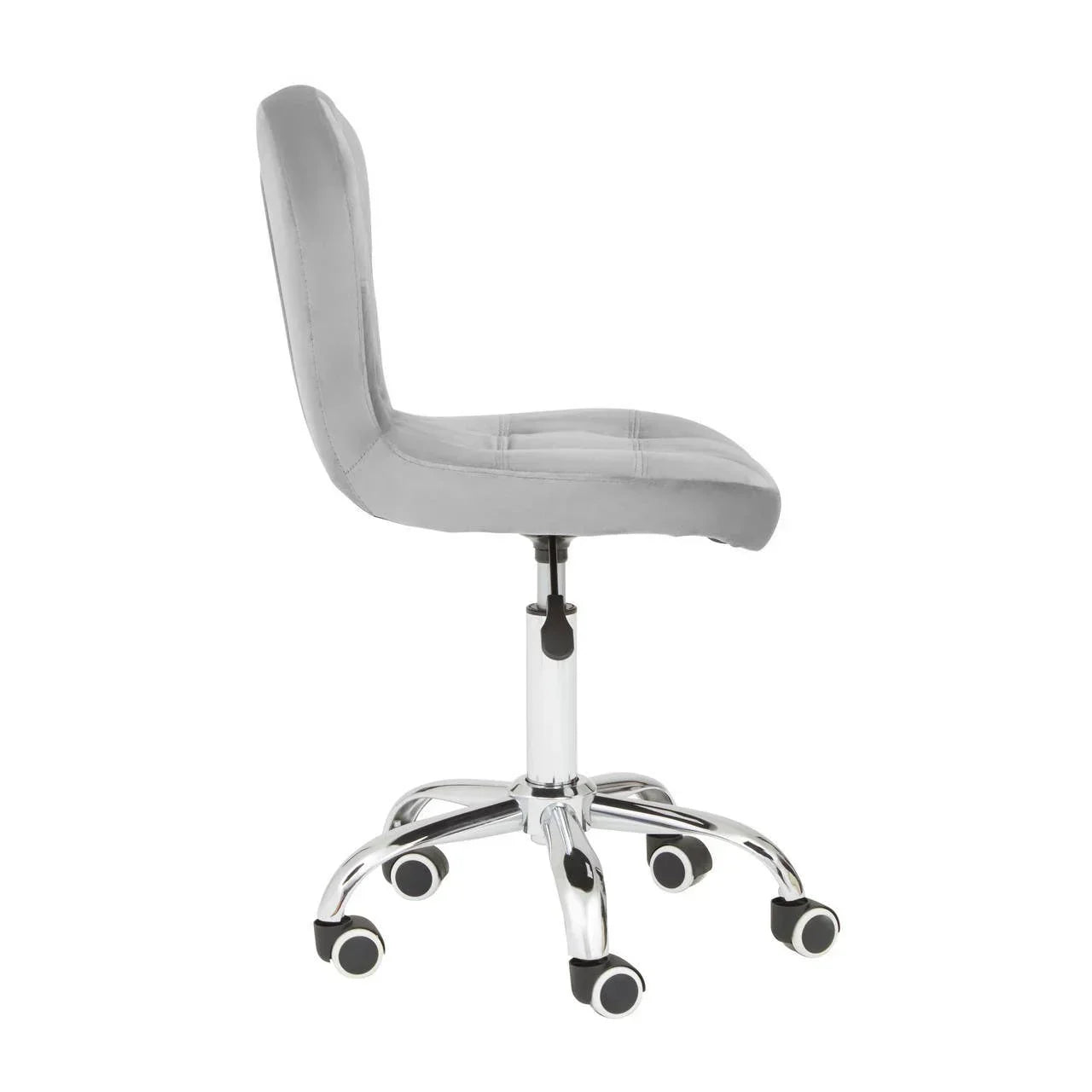 Grey office chair with padded seat and chrome base on castor wheels, side view