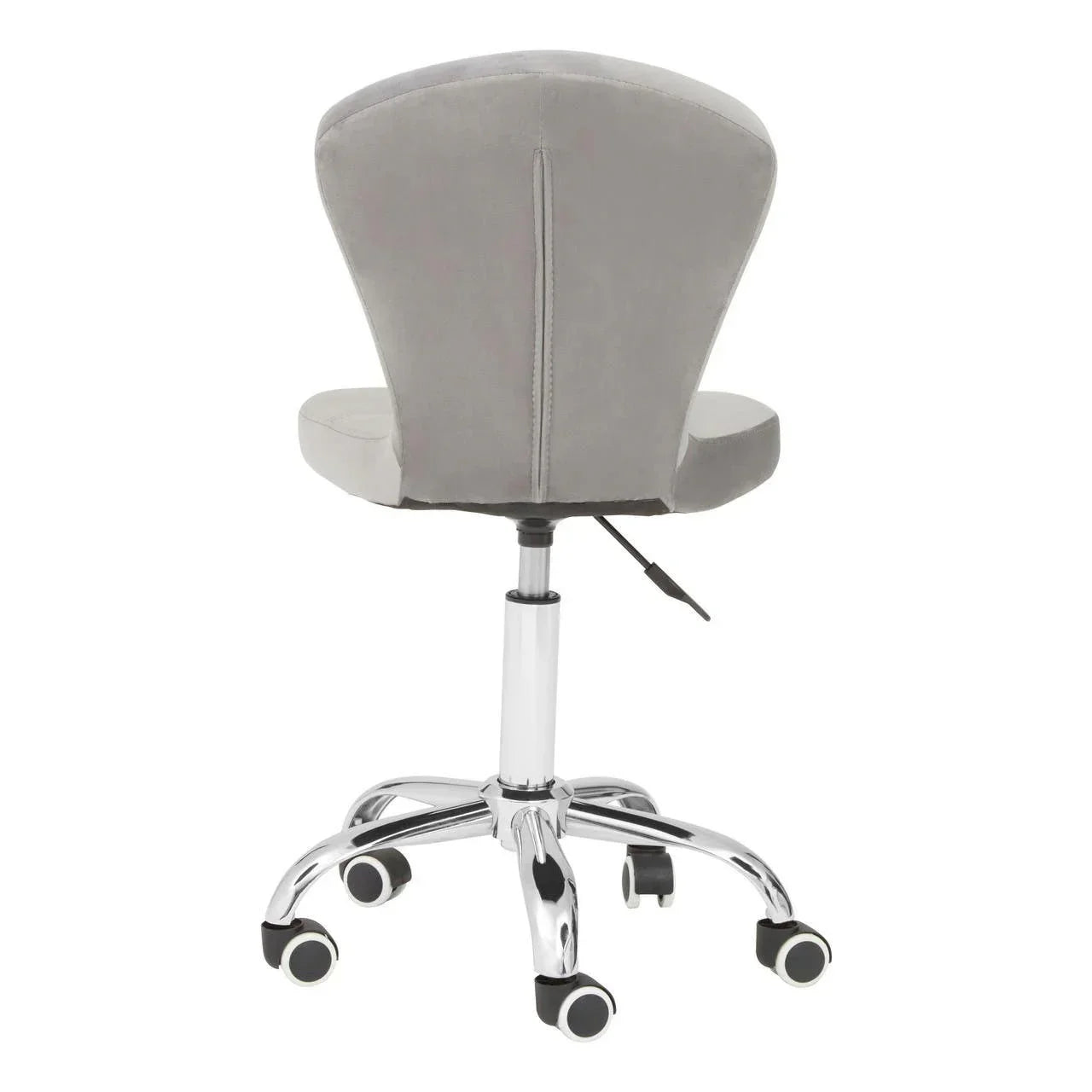 Grey office chair with chrome base and casters, rear view showing adjustable height lever