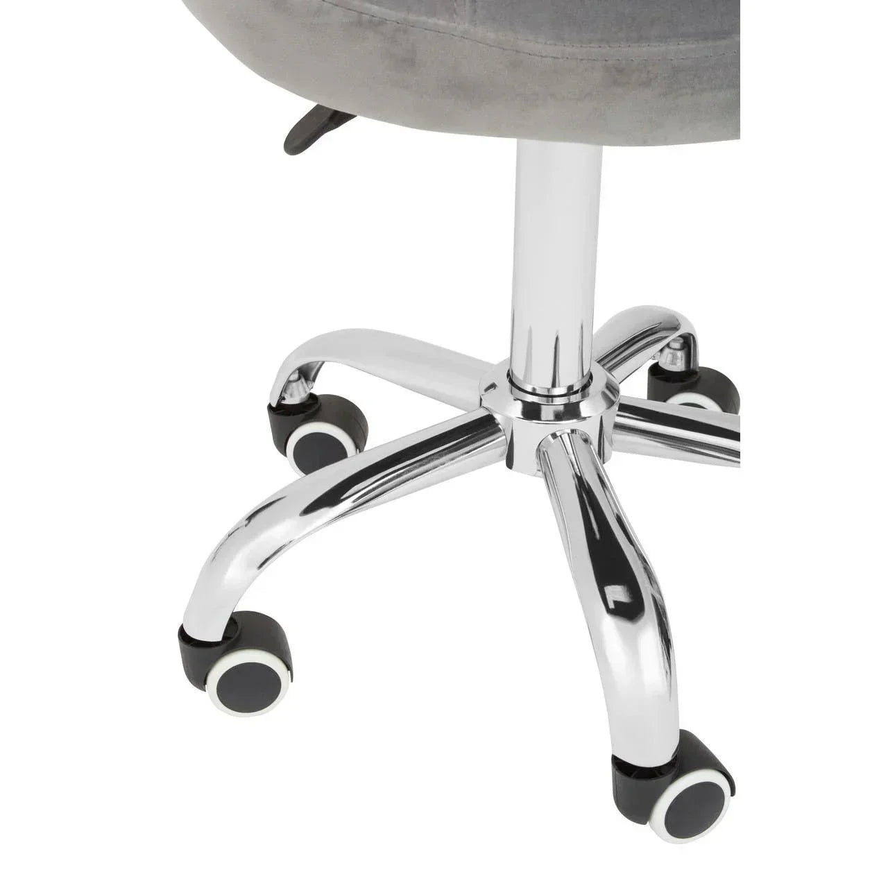 Office chair chrome base with five castor wheels and grey fabric seat close-up