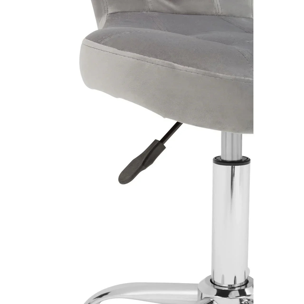 Grey upholstered bar stool seat with chrome base and visible gas lift lever