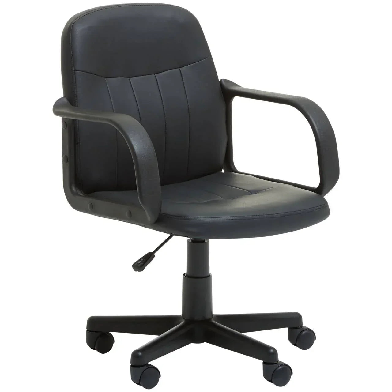 Black office chair with padded seat, armrests and five-wheel base on white background