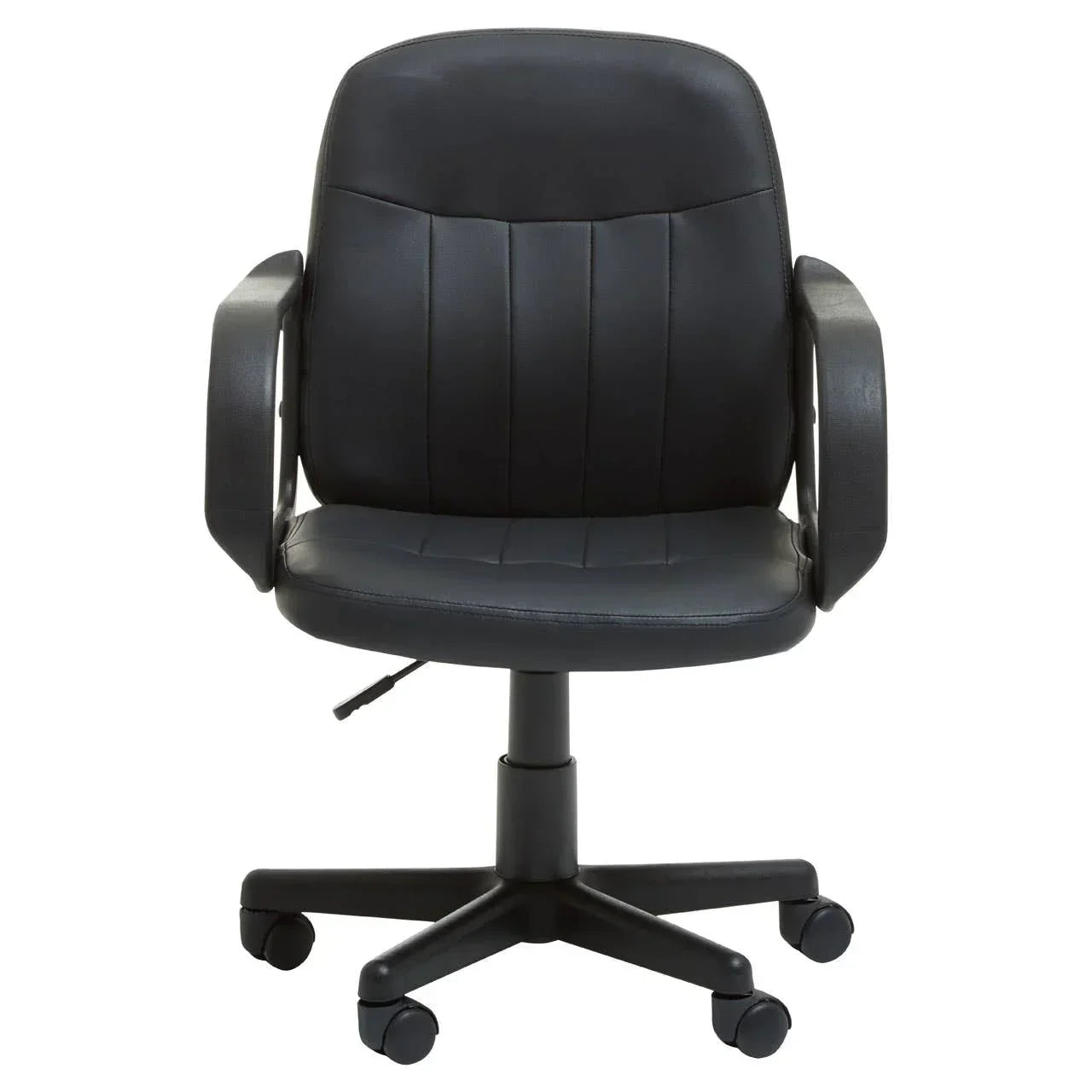 Black office chair with padded armrests, swivel base, and adjustable seat height