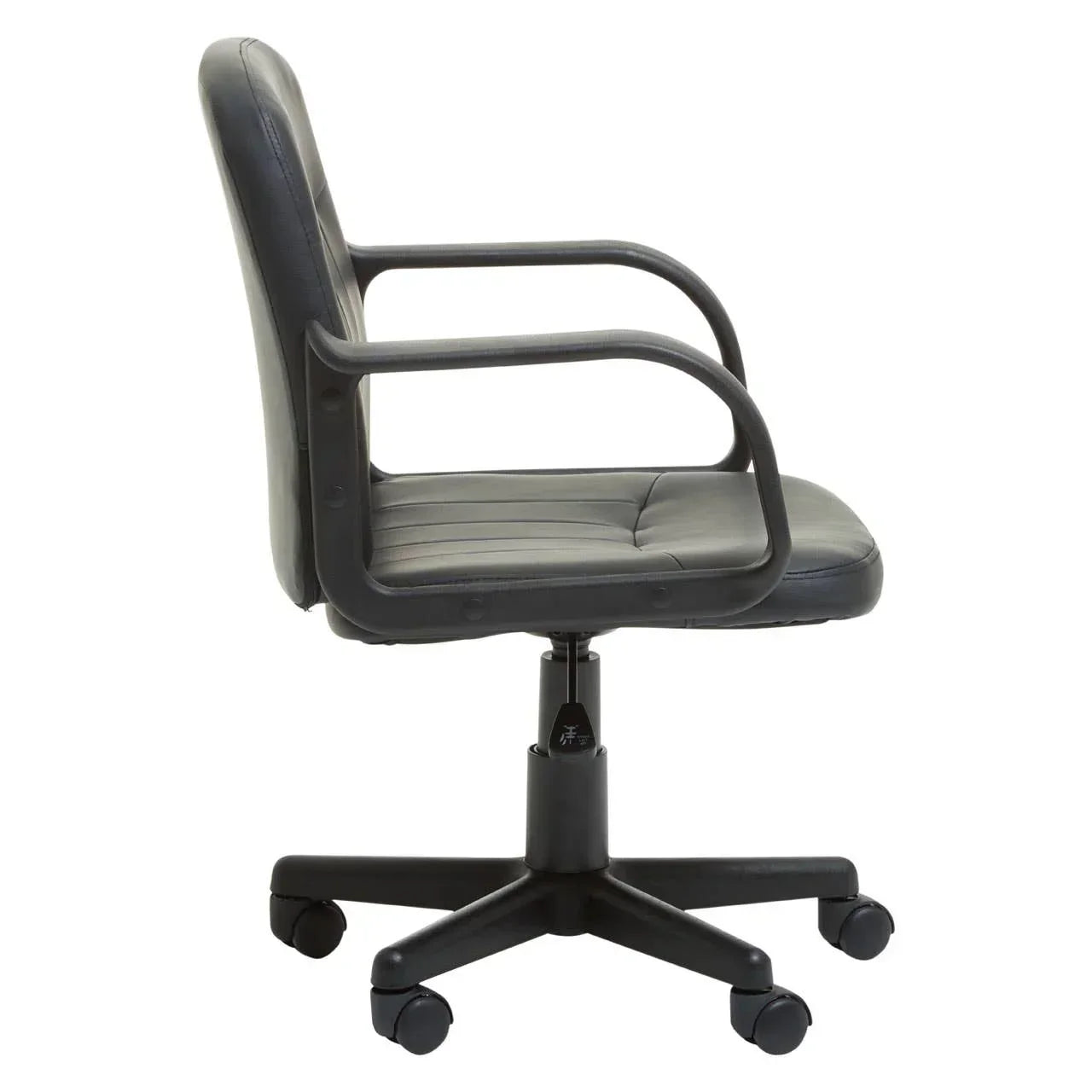 Black faux leather office chair with padded seat, armrests, and swivel base on castors