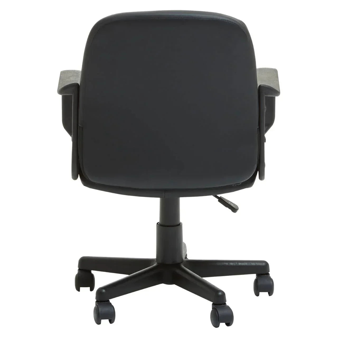 Black office chair with wheels seen from the back, showing armrests and adjustable height lever