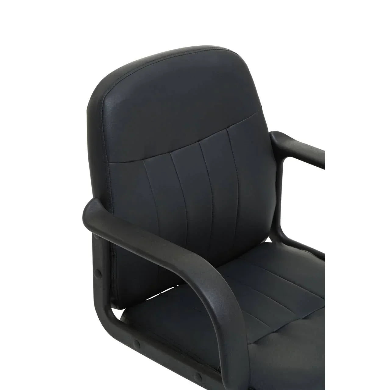 Black faux leather office chair with padded armrests and vertical stitching detail