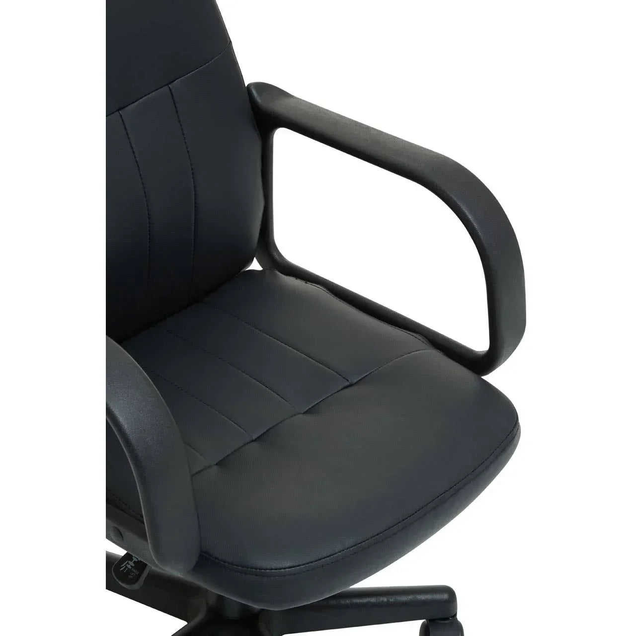 Black faux leather office chair seat with padded armrests and stitching detail