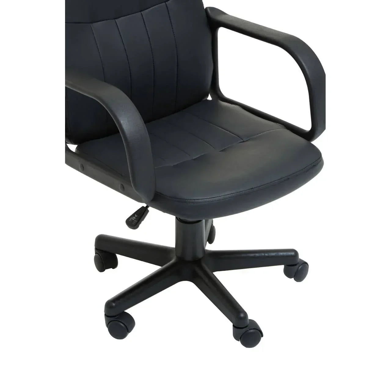 Black office chair with cushioned seat, armrests, and wheeled swivel base