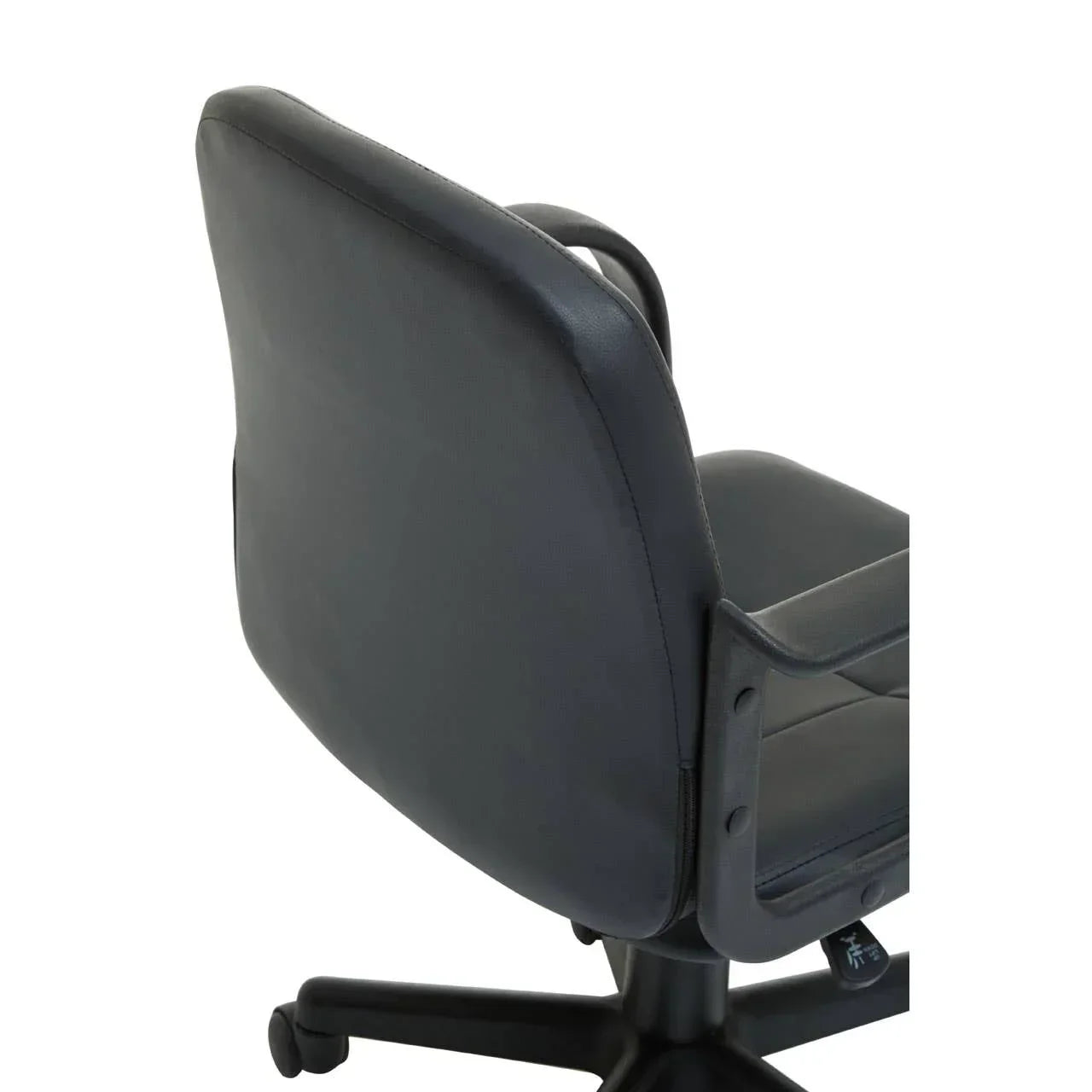 Black office chair with padded backrest and armrests, rear angle view