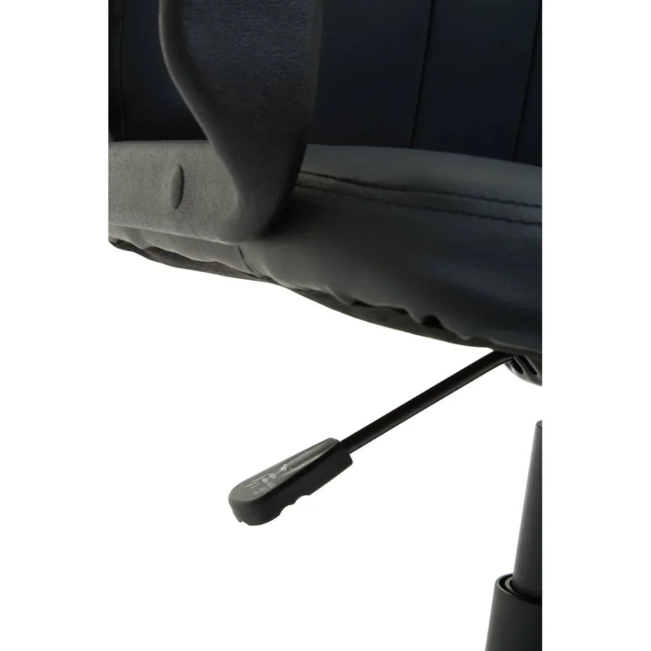 Black office chair seat with armrest and adjustable height lever close-up