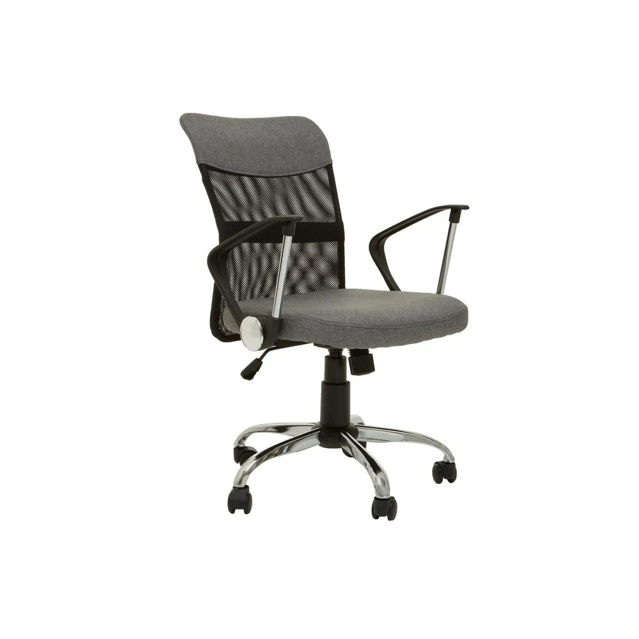 Grey mesh office chair with armrests and chrome base on castor wheels