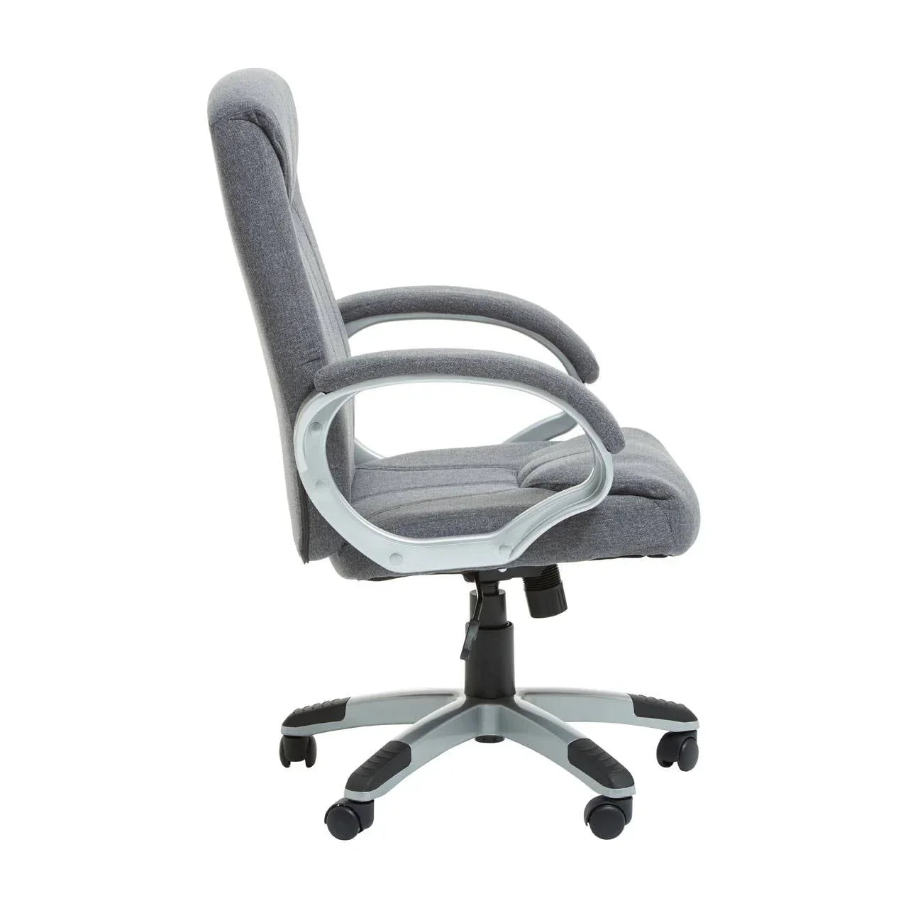 Grey fabric office chair with armrests and wheels, side profile view