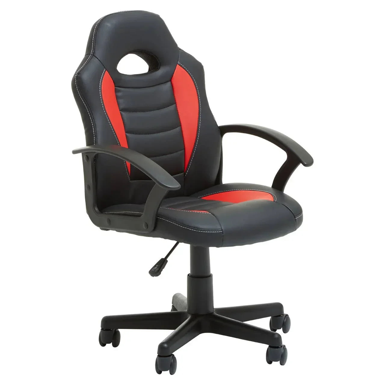 Black and red gaming chair with armrests and adjustable height lever, side view