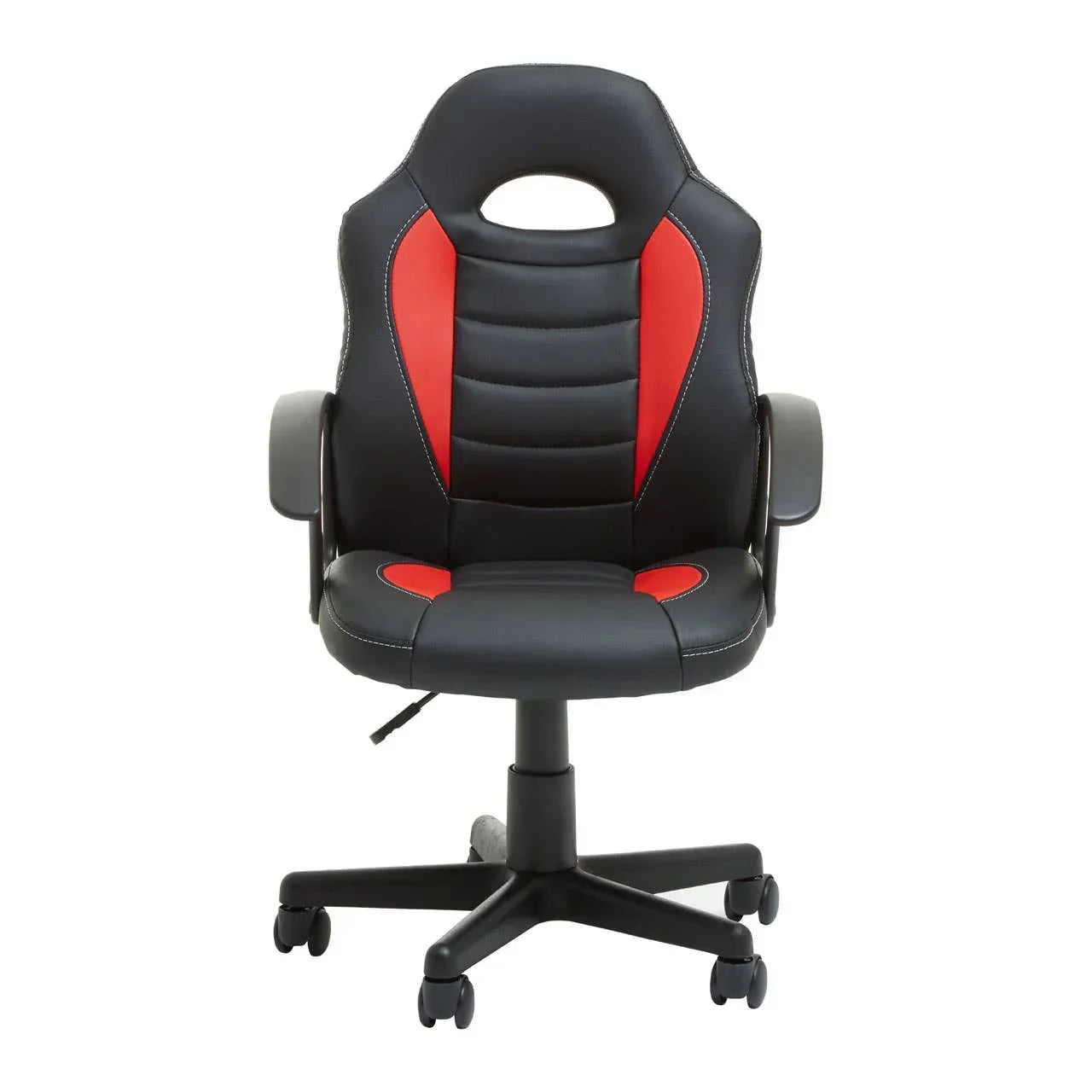 Black and red gaming chair with padded seat, armrests, and adjustable height on wheels