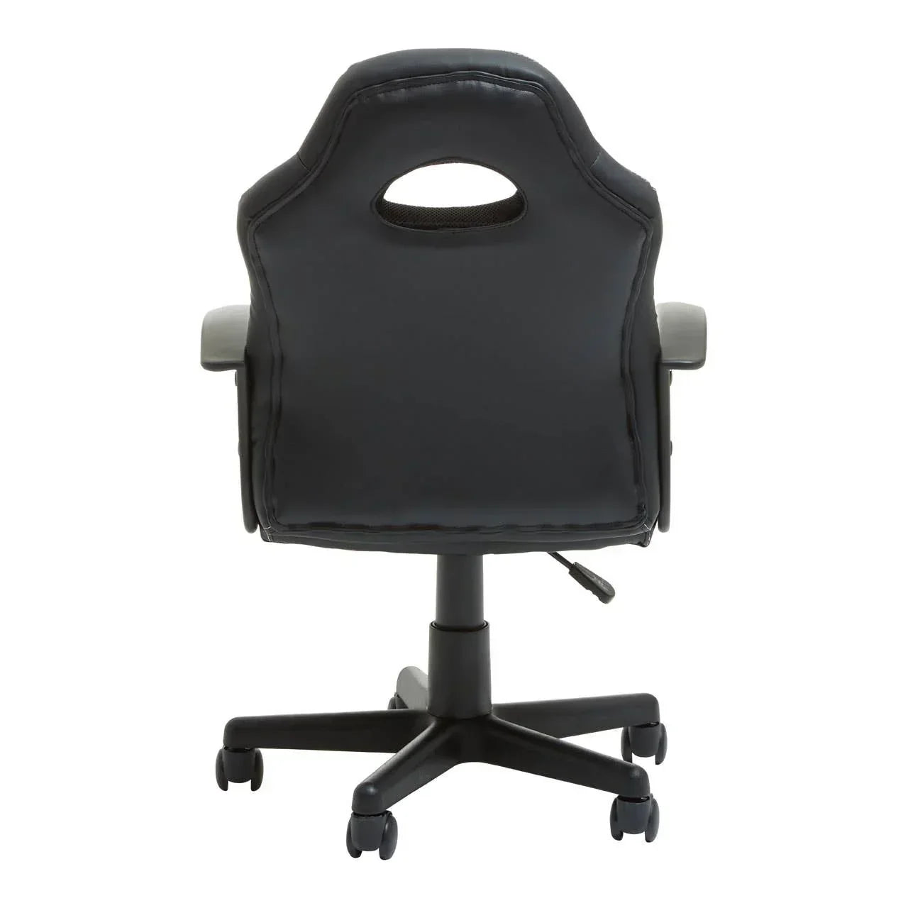 Black office chair with armrests and caster wheels, rear view showing backrest handle