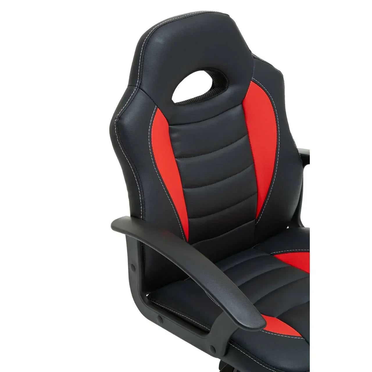 Black and red faux leather gaming chair with padded seat and supportive backrest